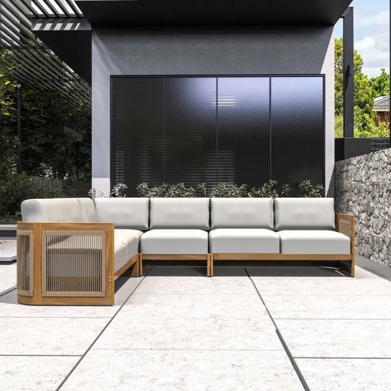 5-Seater Solid Acacia Wood Modular L-Shape Garden Sofa Set with 20cm Cushions