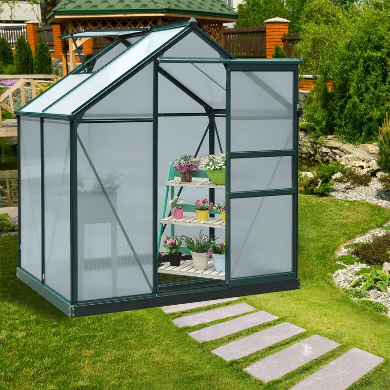  6 x 4ft Polycarbonate Walk-In Greenhouse with Aluminium Frame and Foundation - Dark Green