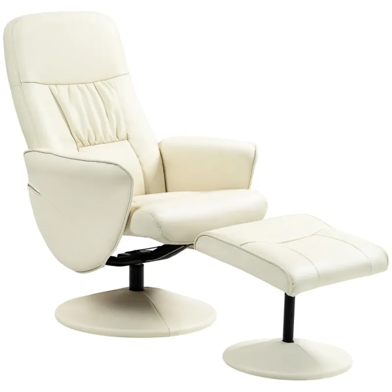 PU Leather Swivel Recliner Chair, in Cream White, with Matching Footstool