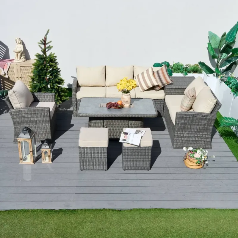 8 Seater Rattan Garden Sofa Set with Height Adjustable Fire Pit Table and Side Storage