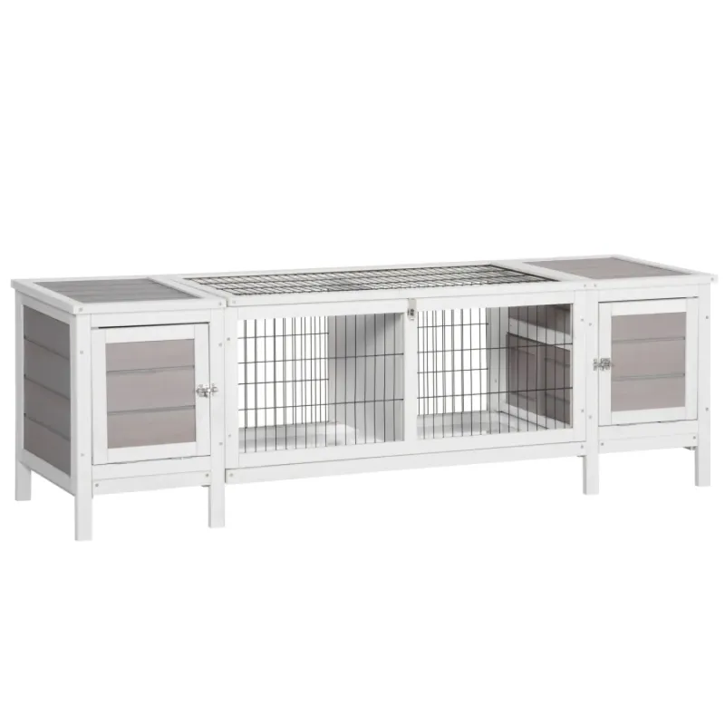 161cm Wooden Rabbit Hutch and Run with Removable Tray - Grey