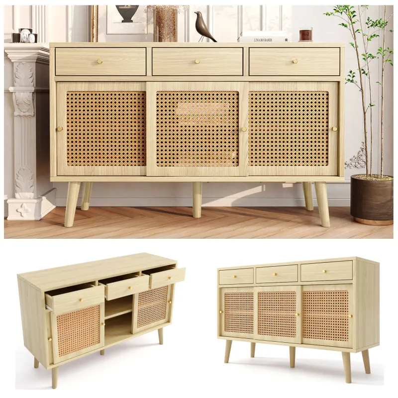 Scandi Rattan 120cm Sideboard Cabinet - 3 Drawers & 3 Cupboards