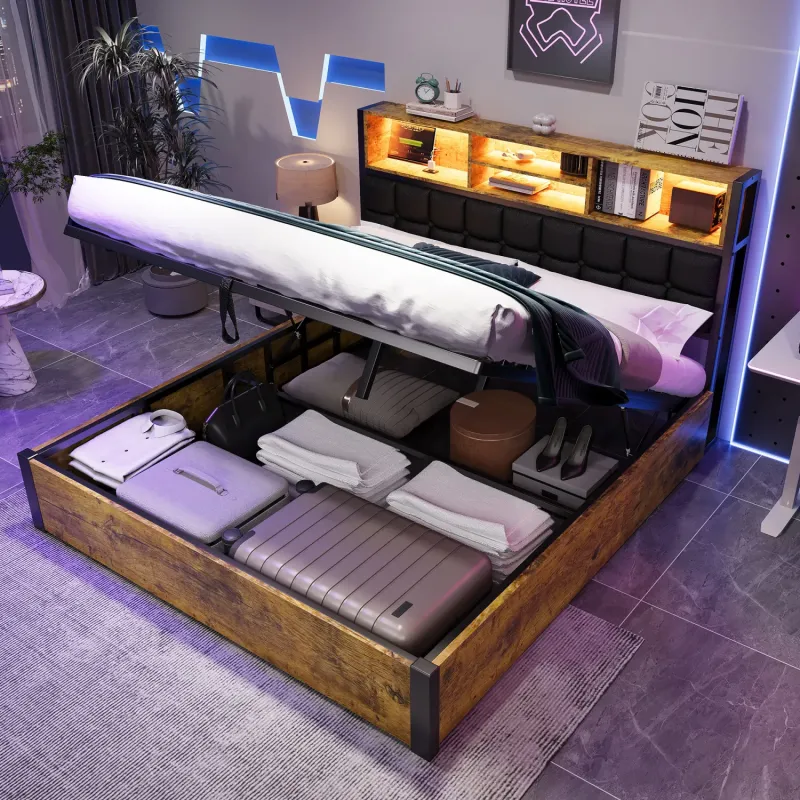 4ft6 Double Ottoman Storage Bed with Charging Ports and LED Headboard - Black and Wood