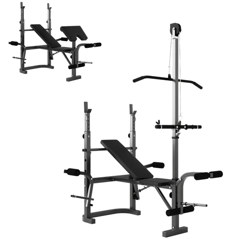 Multi-Gym Weight Bench with Adjustable Barbell Rack, Lat Pull-Down and Preacher Curl Station