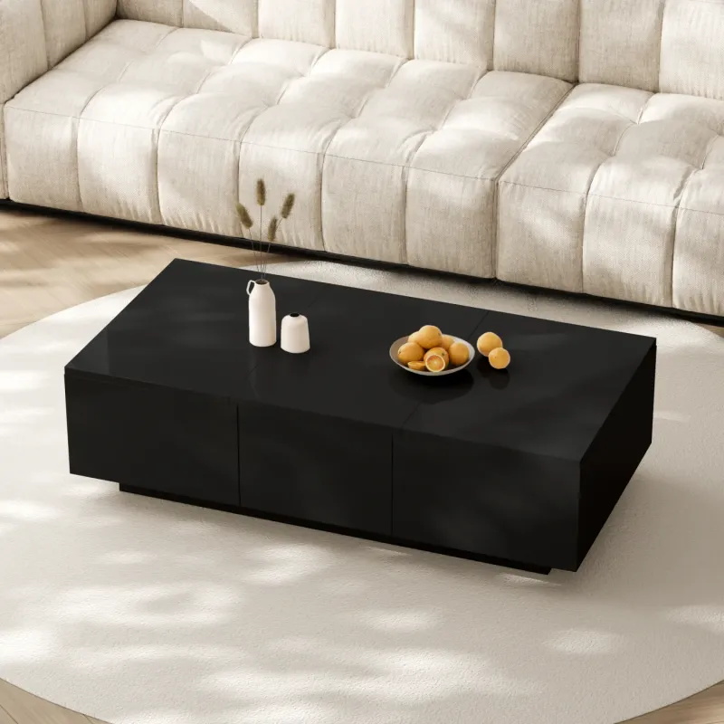 Black High-Gloss Coffee Table with Push-Pull Storage and Double-Sided Drawers
