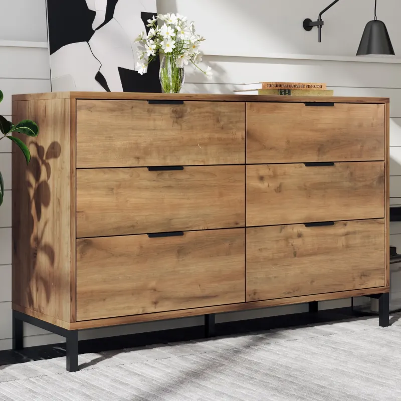 Dark Oak 6-Drawer Sideboard with Black Metal Legs