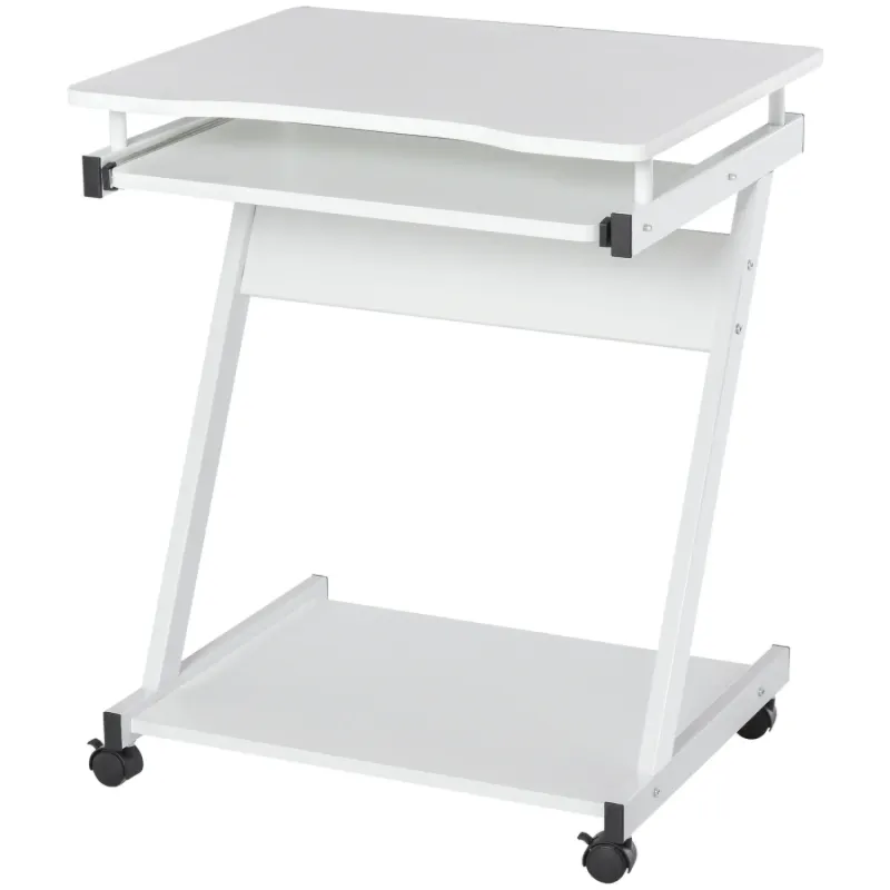 White Movable Computer Desk with Keyboard Tray and Storage Shelf