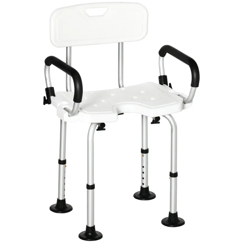 Height Adjustable Shower Chair with Back and Flip-Up Padded Arms - White