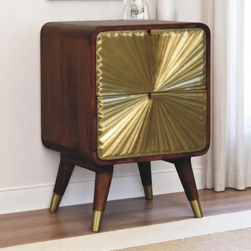 Avora Solid Mango Wood 2-Drawer Nightstand with Brass Embossed Detail