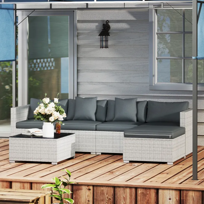  6-Piece Modular Rattan Garden Corner Sofa Set with Coffee Table & Footstool - Mixed Grey