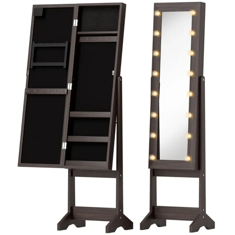 LED Mirrored Jewellery Storage Cabinet with Full-Length Mirror - Dark Brown