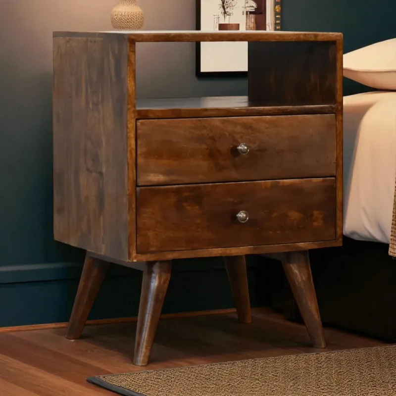 Solid Mango Wood 2-Drawer Bedside Table with Open Slot - Chestnut Finish