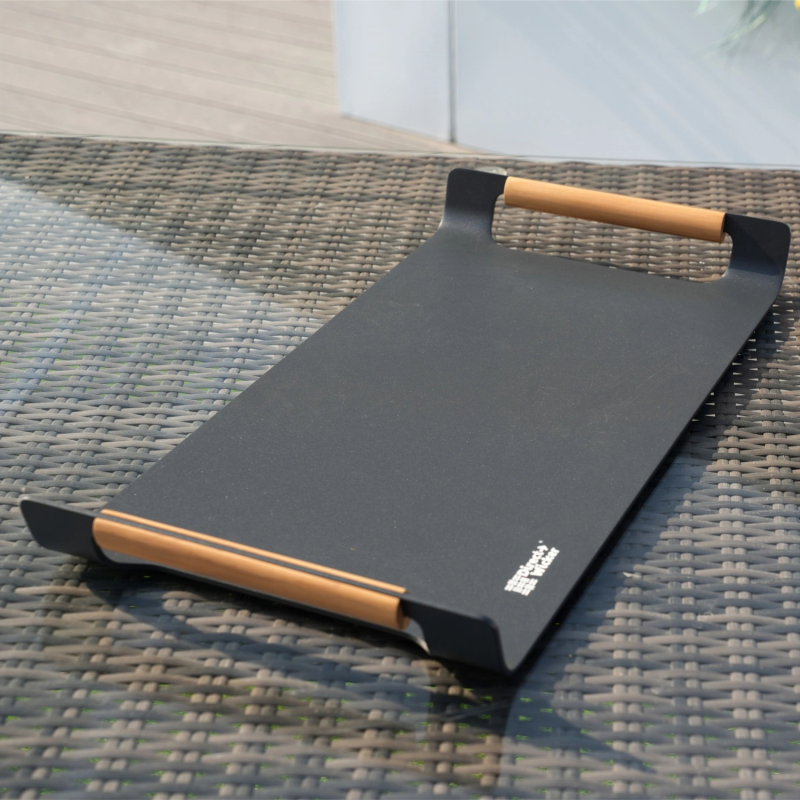 Outdoor Aluminium Serving Tray with Teak Handles - Charcoal Grey