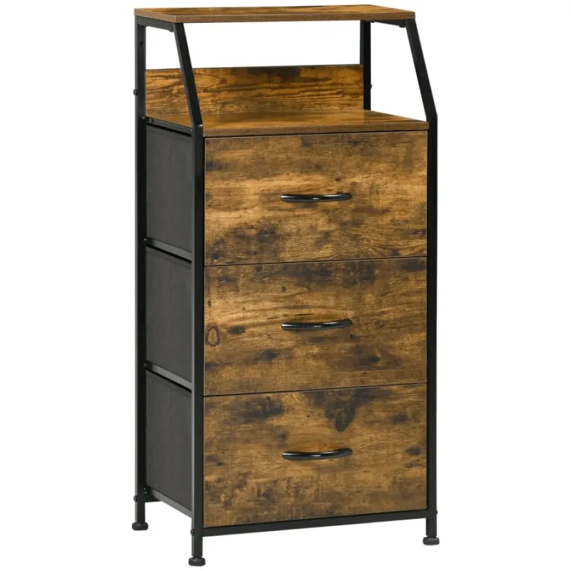 Industrial 3 Drawer Fabric Chest of Drawers with Shelves - Rustic Brown
