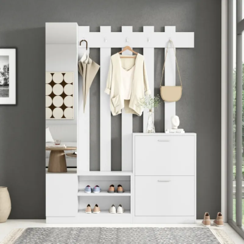135cm White Hallway Storage Unit with Coat Rack, Shoe Bench and Full-Length Mirror