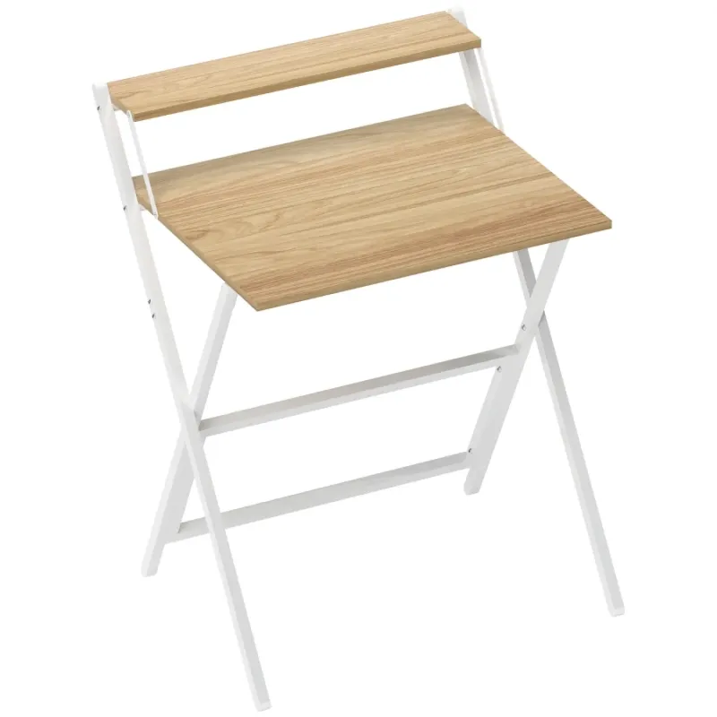 70cm Folding Writing Desk with Monitor Shelf - Natural Wood Finish