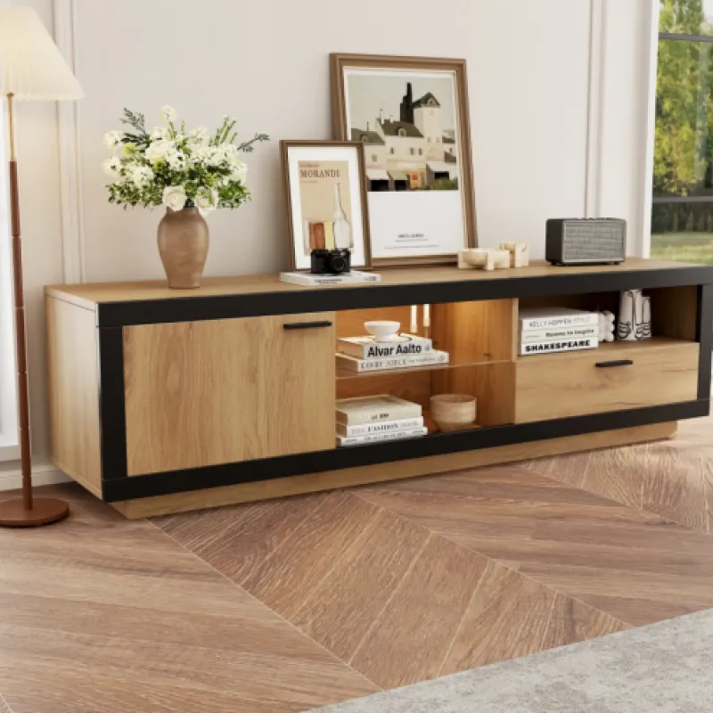 160cm Wood and Black LED TV Stand with Drawer and Cabinet - Fits up to 70 Inch TVs