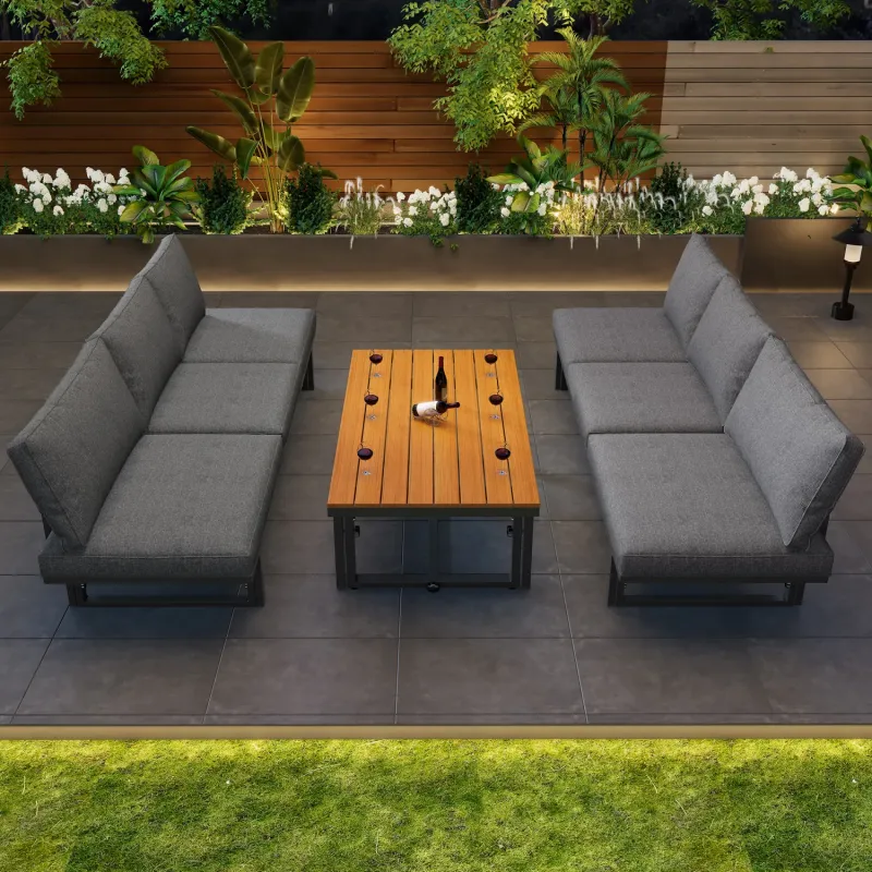 Grey Outdoor Corner Sofa Set with Rising Table and Adjustable Backrests