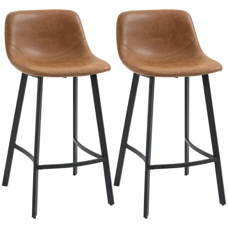 Bar Stools, Set of 2, PU Leather in Brown with Backrest and Steel Legs