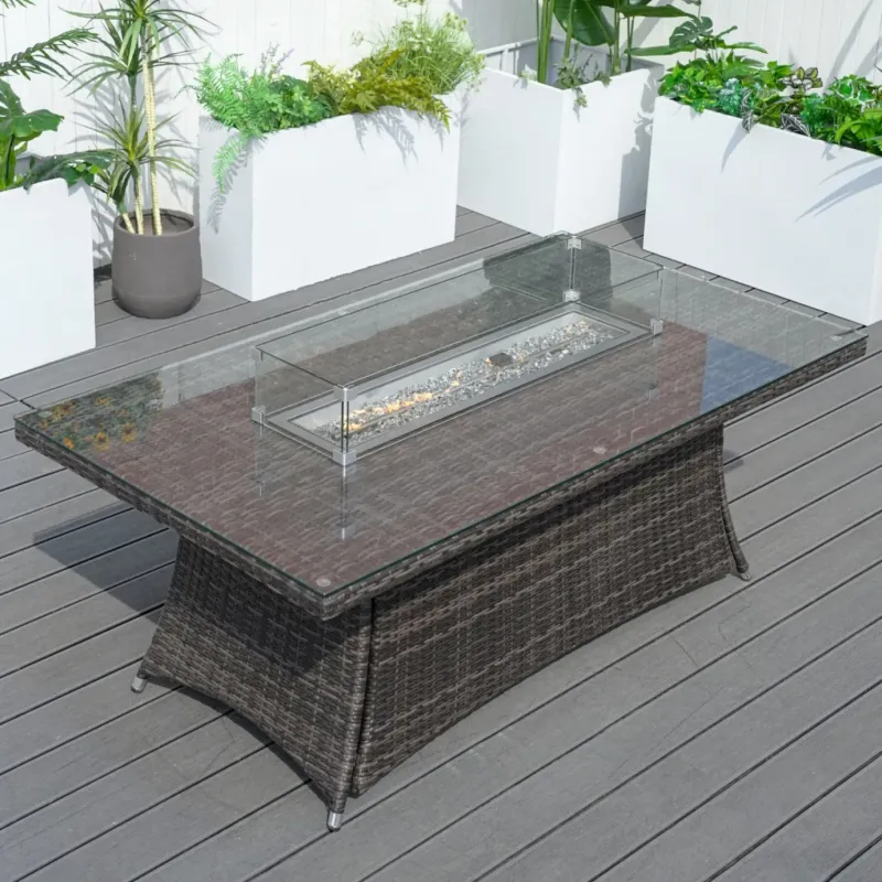 6-Seater Rectangular Rattan Garden Dining Table with Gas Fire Pit