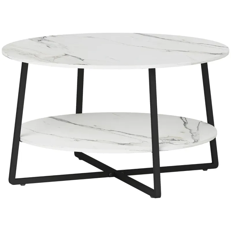 Round Coffee Table, Marble-Effect in White and Black, with Two-Tier Storage