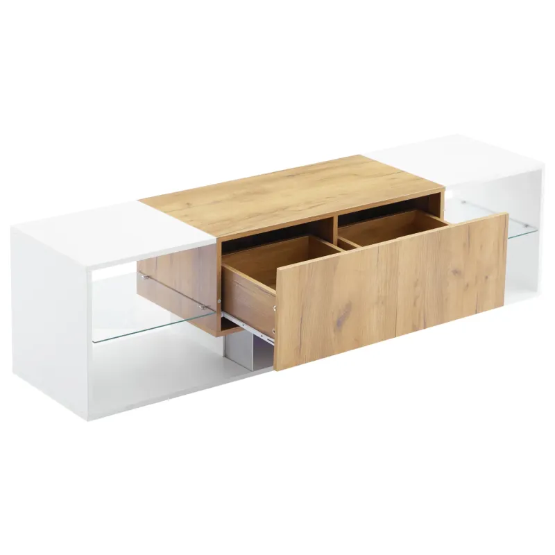 MDF and Glass TV Stand, 160cm, in Wood and White, with 2 Drawers and App-Controlled LED