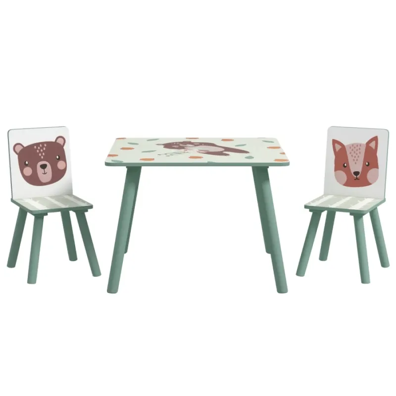 Kids Wooden Table and 2 Chairs Set - Animal Theme - Green