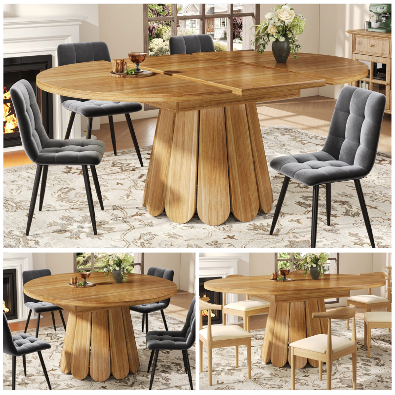 Extendable Round to Oval Dining Table, 118–158cm, Wood Effect