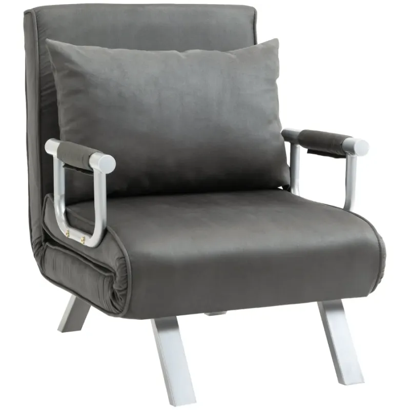 Faux Suede Folding Chair Bed, Single, in Grey, with 5-Position Adjustable Backrest