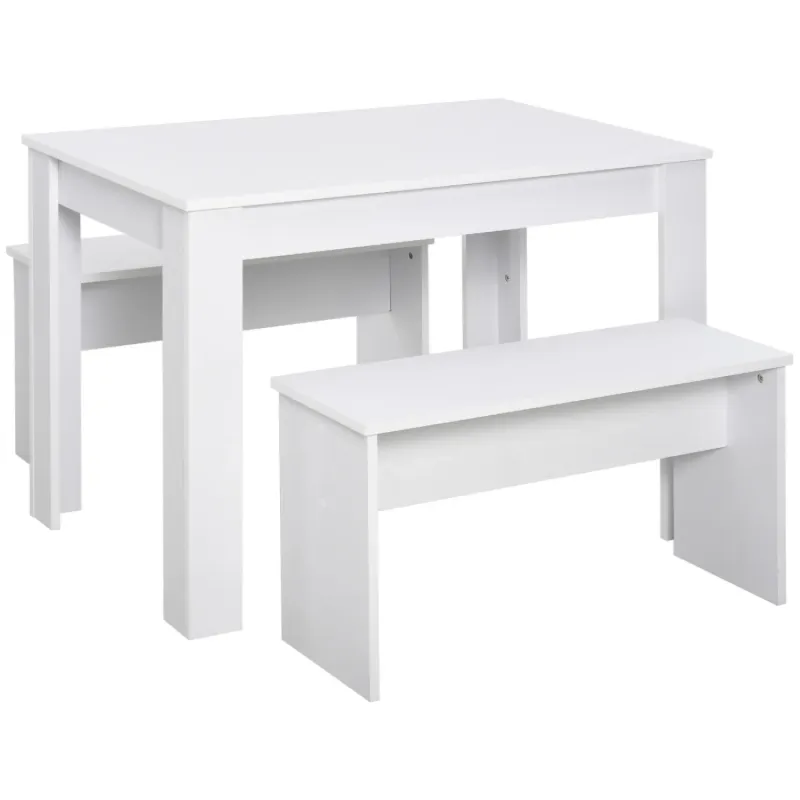 3-Piece White Kitchen Dining Table and 2 Bench Set - Space-Saving Design