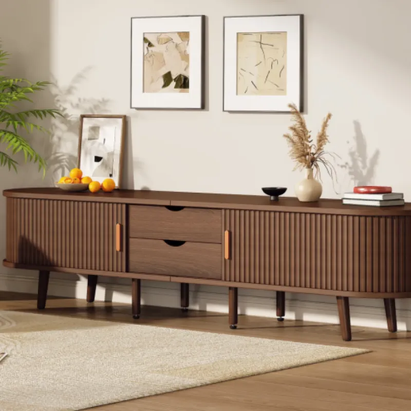 175cm Dark Oak Oval TV Stand with 2 Sliding Doors and 2 Drawers for TVs up to 70 Inch