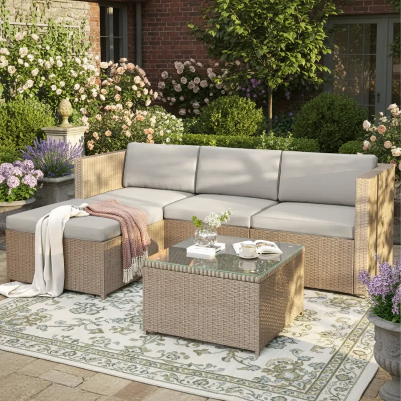 Victoria Garden Corner Sofa Rattan Furniture Set with Coffee Table, Khaki