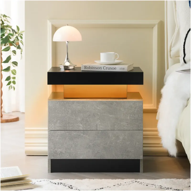 Modern LED Bedside Table with 2 Drawers and Open Shelf - Grey & Black