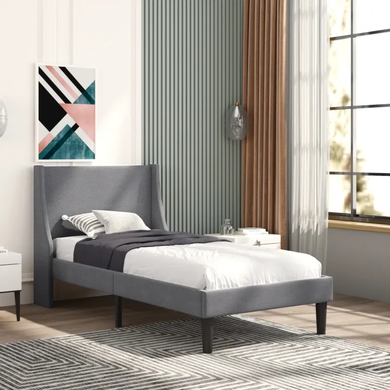 Single Upholstered Bed with Winged Headboard in Grey Linen