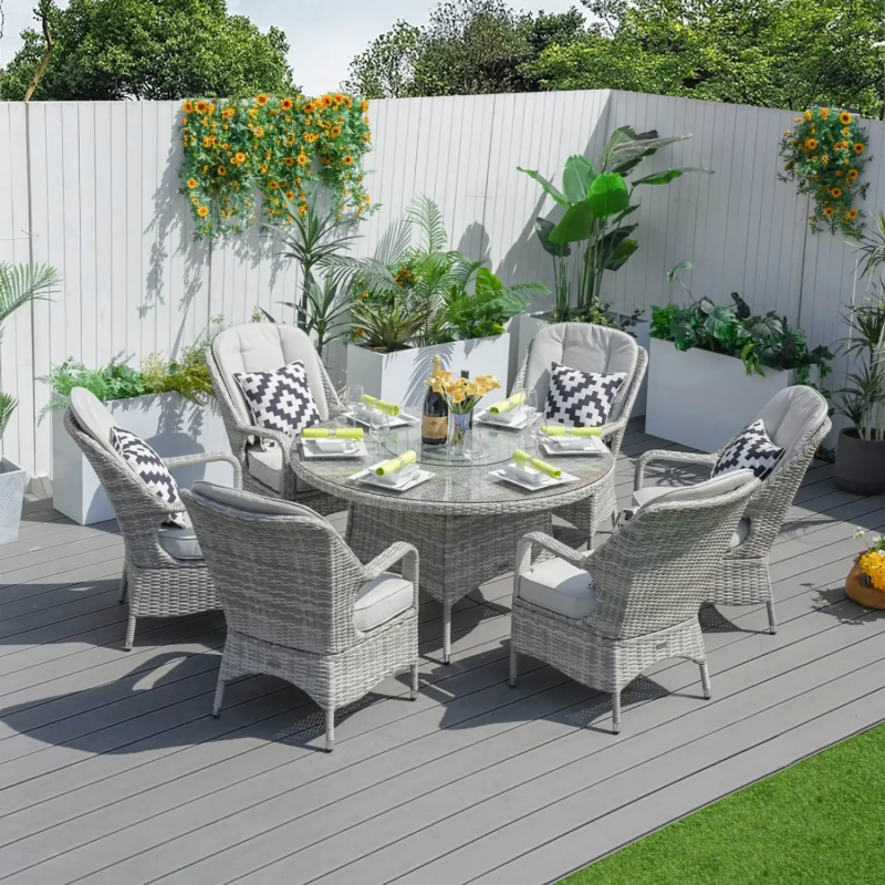 6 Seater Rattan Garden Dining Set with Round Table and Lazy Susan - Whitewash