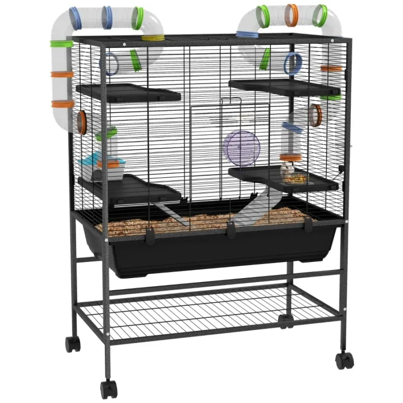 Large Multi-Level Hamster and Gerbil Cage with Tubes, Storage Shelf and Accessories - Black