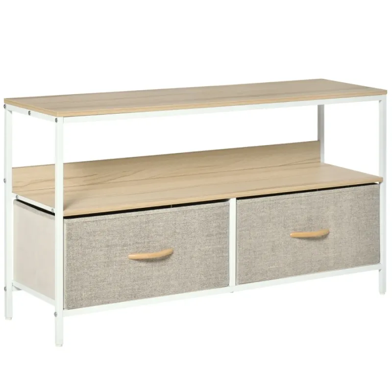 Steel and Wood Effect TV Unit, 98cm, in Maple Colour, with 2 Fabric Drawers