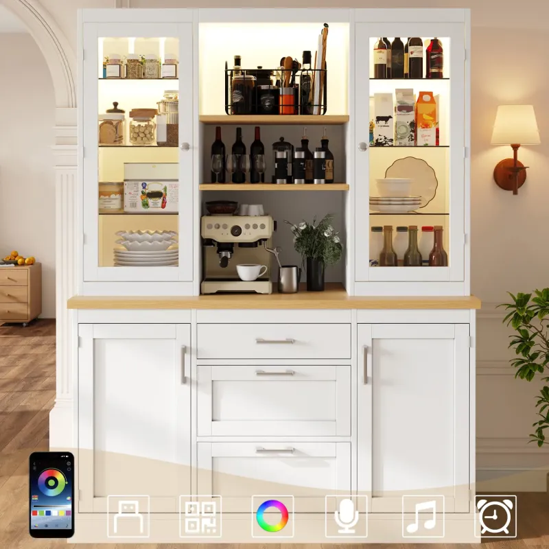 Kitchen Larder Cupboard with Smart LED Lighting and Worktop, 185cm, White