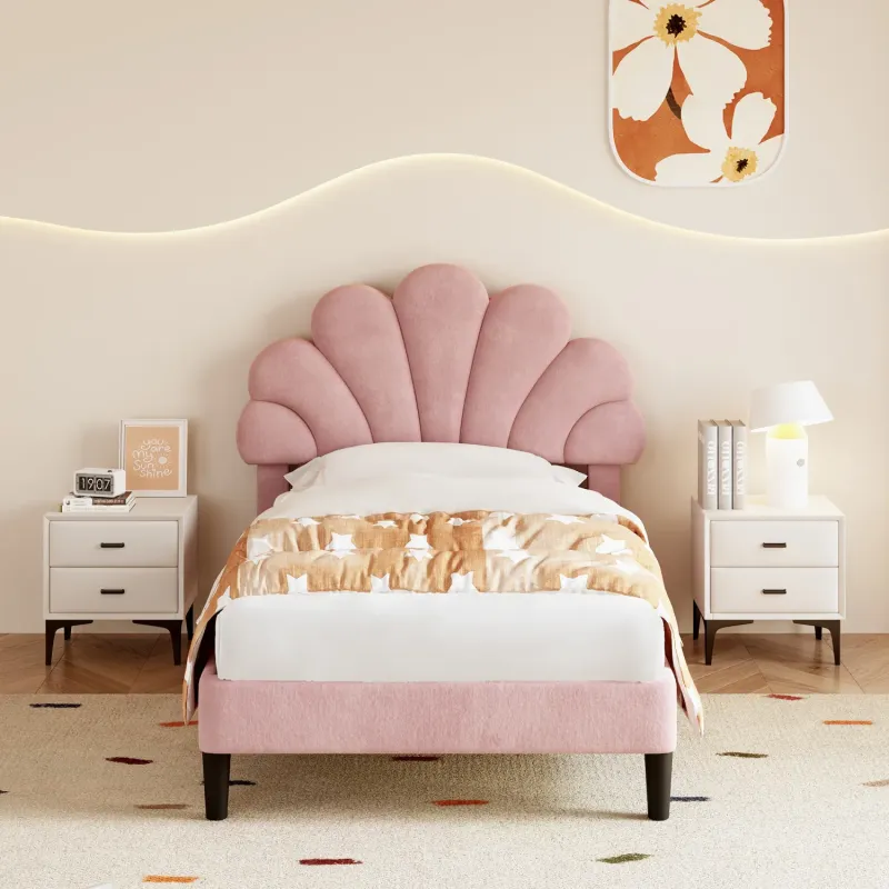 Pink Velvet Single Bed Frame with Adjustable Petal Headboard