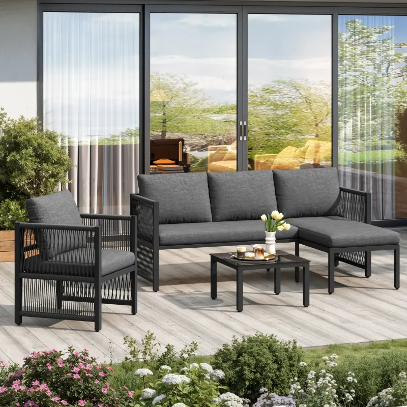4-5 Seater Grey Rope Modular Garden Lounge Set with Coffee Table