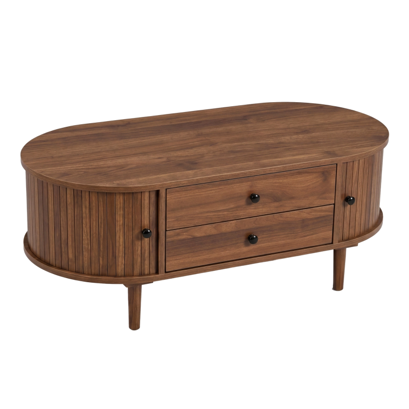 Retro Oval Coffee Table with Sliding Doors and 2 Drawers