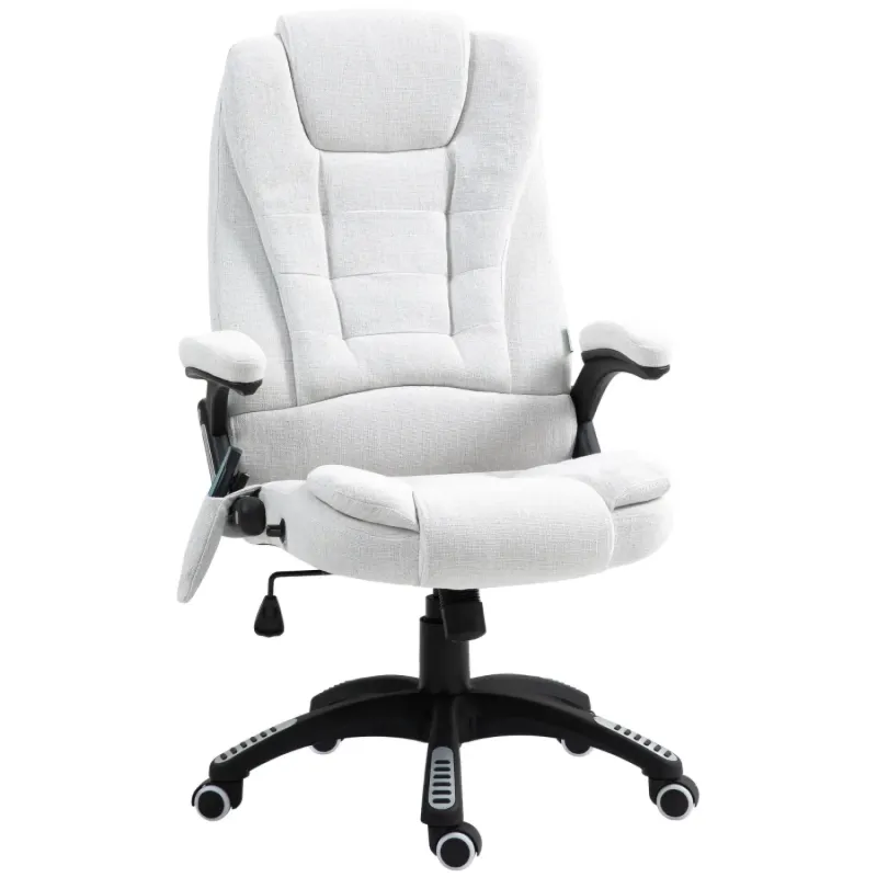 Heated Massage Office Chair with 130° Recline and Linen-Feel Fabric - Cream White