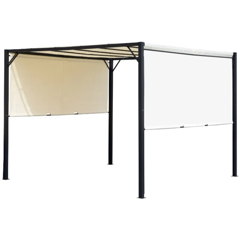 3m x 3m Retractable Metal Garden Pergola Gazebo Sun Shelter - Cream & Black