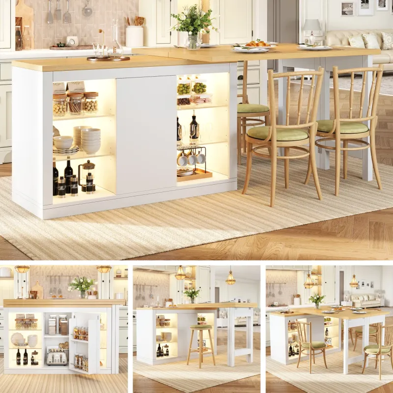 MDF Extendable Sideboard and Dining Table, 120-197cm, White and Black, with LED Storage