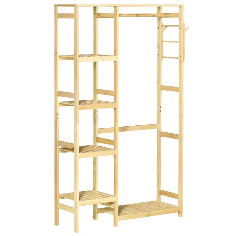 Bamboo Garment Rack with 5 Shelves and Hanging Rail - Natural