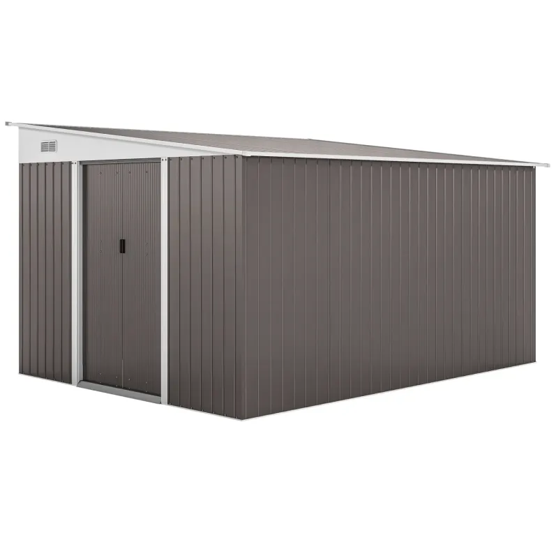  11.3 x 9.2ft Lean-to Metal Garden Shed – Large Galvanised Steel Tool Storage with Double Sliding Doors - Grey