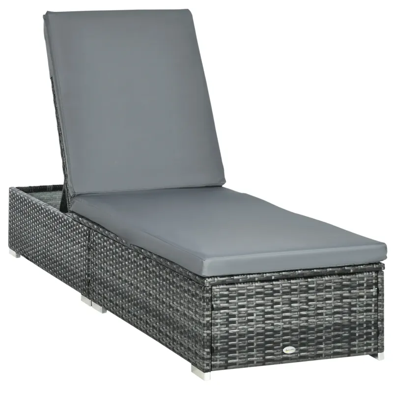  Adjustable PE Rattan Sun Lounger with 5cm Padded Cushion - Mixed Grey