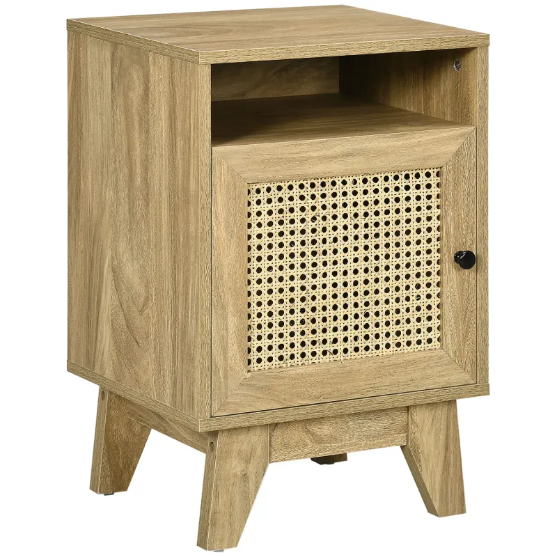 Narrow Rattan Bedside Table with Cupboard and Shelf, Natural