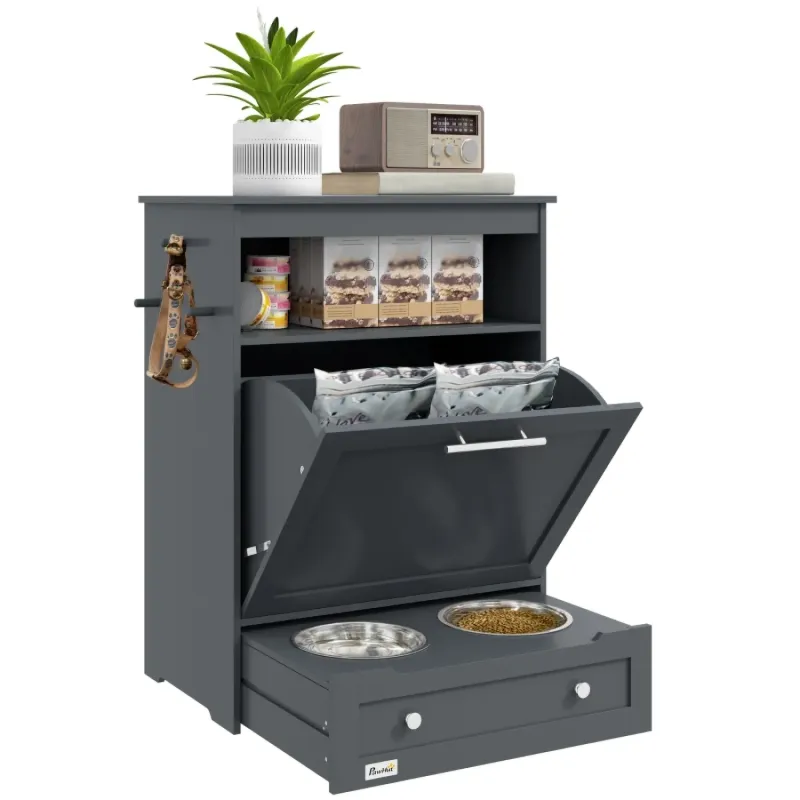 Pet Feeder Station with Storage Cabinet and Pull-Out Bowls - Grey