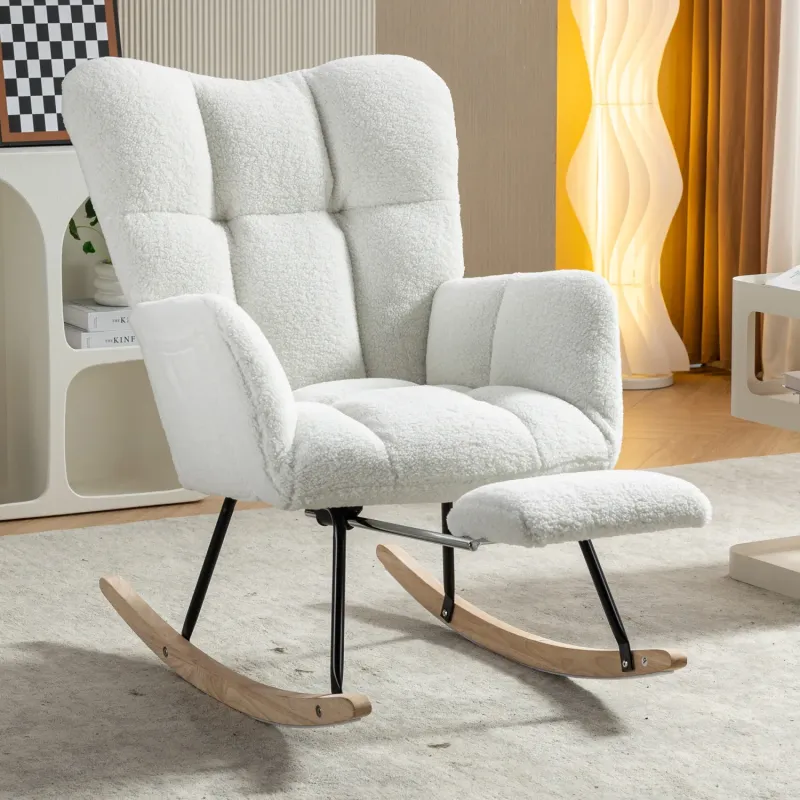 Modern Teddy Fabric Tufted Rocking Chair with Pull-Out Footrest - White